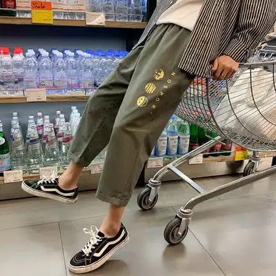 Summer pants men Korean trend ins tooling ankle-length pants men loose Tide brand Hong Kong wind straight casual trousers men