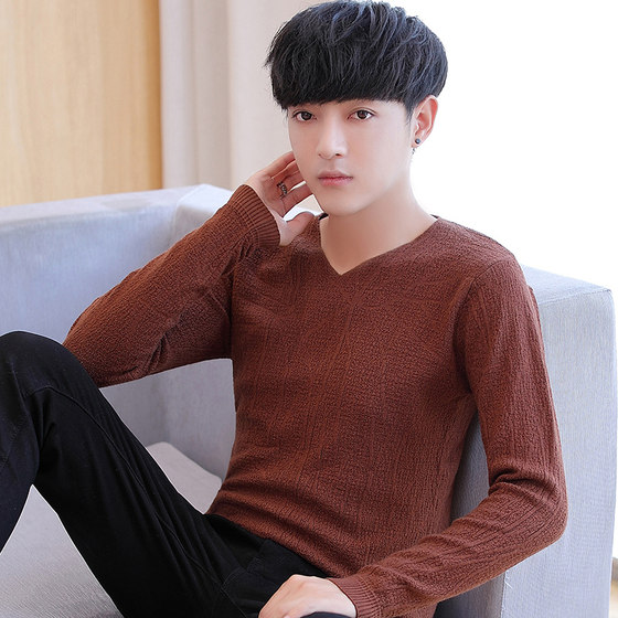 Sweater men's Korean style slim spring and autumn wear 2024 trendy solid color bottoming shirt V-neck sweater men's top clothing