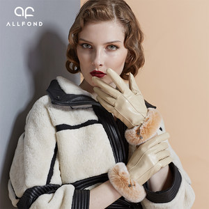 欧凡迪冬季真皮手套女士骑行獭兔毛口山羊皮手套女冬时尚新款