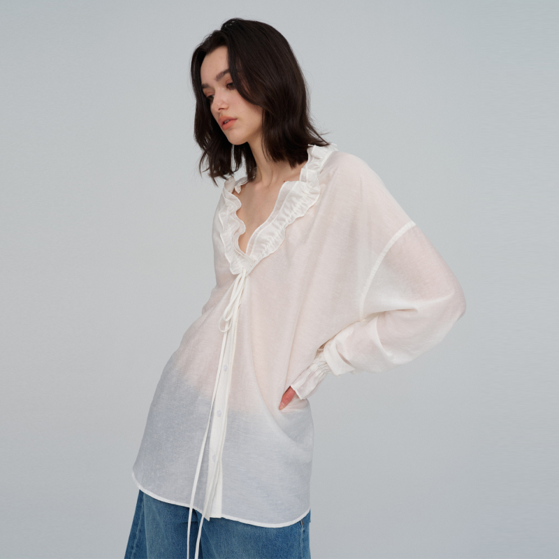 【French Style】Romantic French-Style Ruffled and Pleated Shirt, 26 Spring/Summer, Four-Season Sun-Protection Design, Tie-Up Top 【French Style】Romantic French-Style Ruffled and Pleated Shirt, 26 Spring/Summer, Four-Season Sun-Protection Design, Tie-Up Top