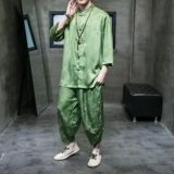 Летнее шелковое ханьфу, мужской комплект, рубашка, штаны, китайский стиль