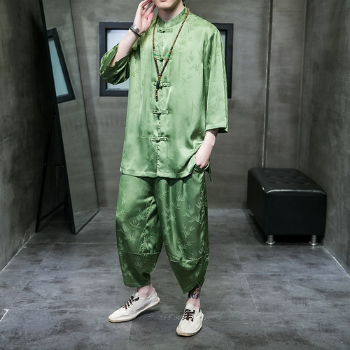 Летнее шелковое ханьфу, мужской комплект, рубашка, штаны, китайский стиль