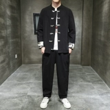 Комплект, ретро ханьфу, этническая куртка, китайский стиль, из хлопка и льна, оверсайз