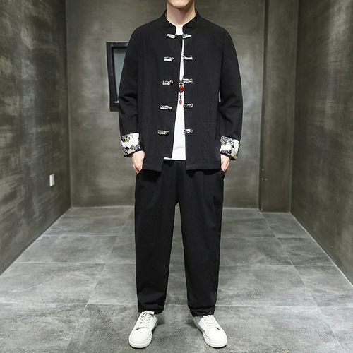 Комплект, ретро ханьфу, этническая куртка, китайский стиль, из хлопка и льна, оверсайз