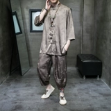 Летнее шелковое ханьфу, мужской комплект, рубашка, штаны, китайский стиль