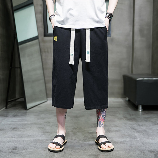 Chinese Style Men's Ice Silk Capri Pants, Loose Men's Shorts, Vintage Thin Loose Casual Pants for Men