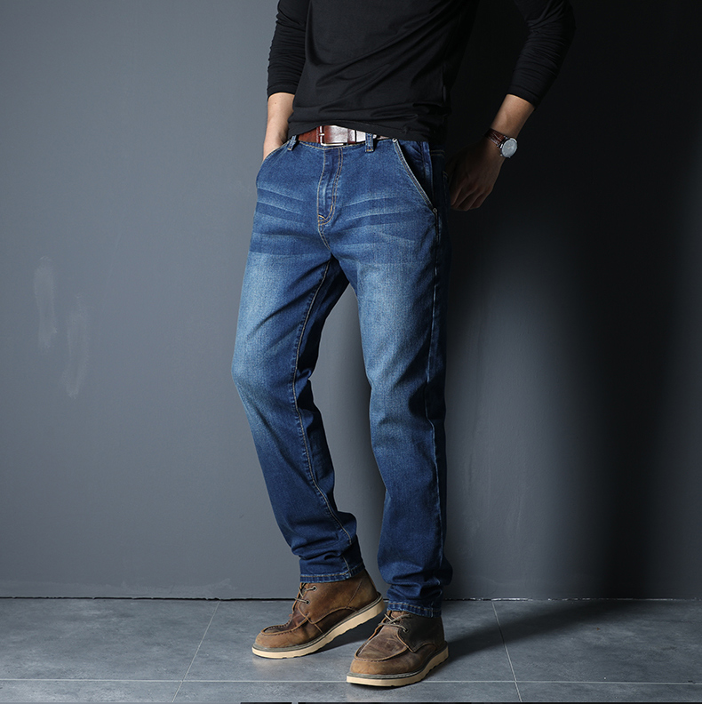 Người mẫu mùa thu đông kéo dài eo cao quần jeans nam cộng với phân bón XL chống trộm mẫu đen thẳng dài quần béo mập thời trang nam hàn quốc	