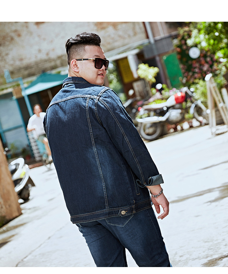 Mùa thu và mùa đông mẫu quần áo denim co giãn rộng, áo khoác nam cộng với phân bón XL áo nam