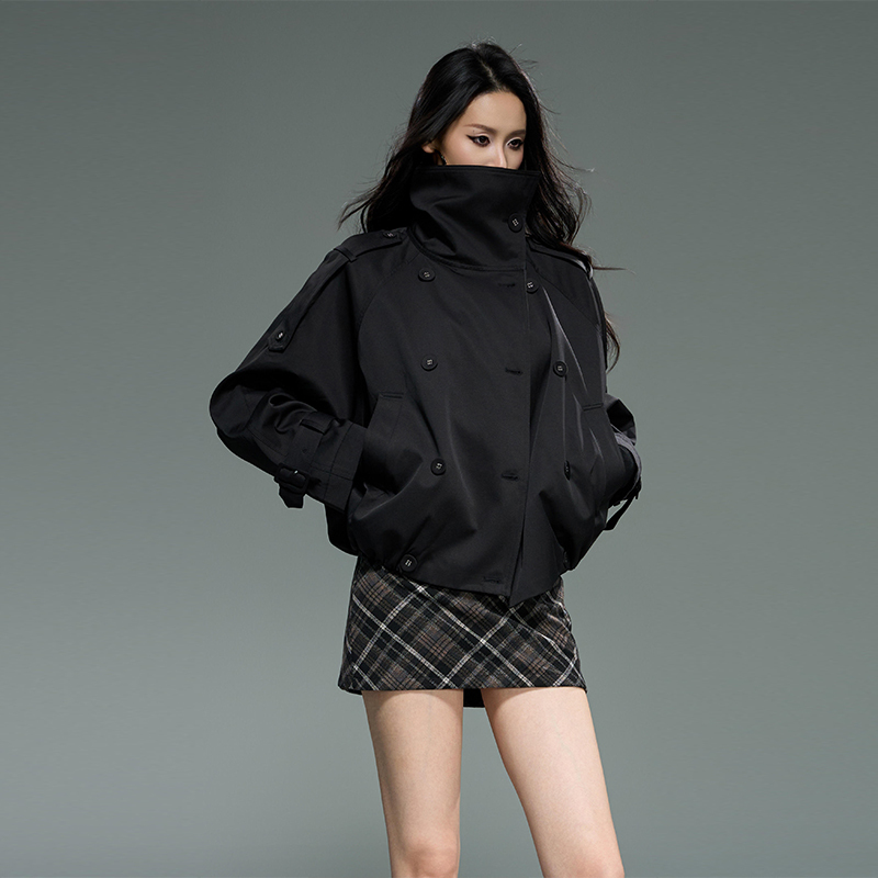 Black Lyocell Stand-Up Collar Short Trench Coat for Women 2025 Spring and Autumn British Style Design Petite Coat