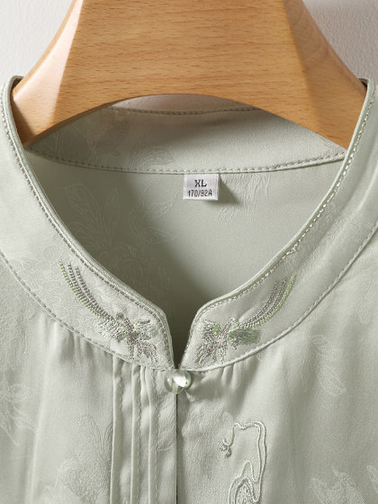 新中式香云纱真丝上衣女短袖衬衫国风刺绣妈妈夏装桑蚕丝气质小衫