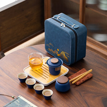 Travel kung fu tea set home ceramic cover bowl tea cup portable bag business gift souvenir custom printed logo
