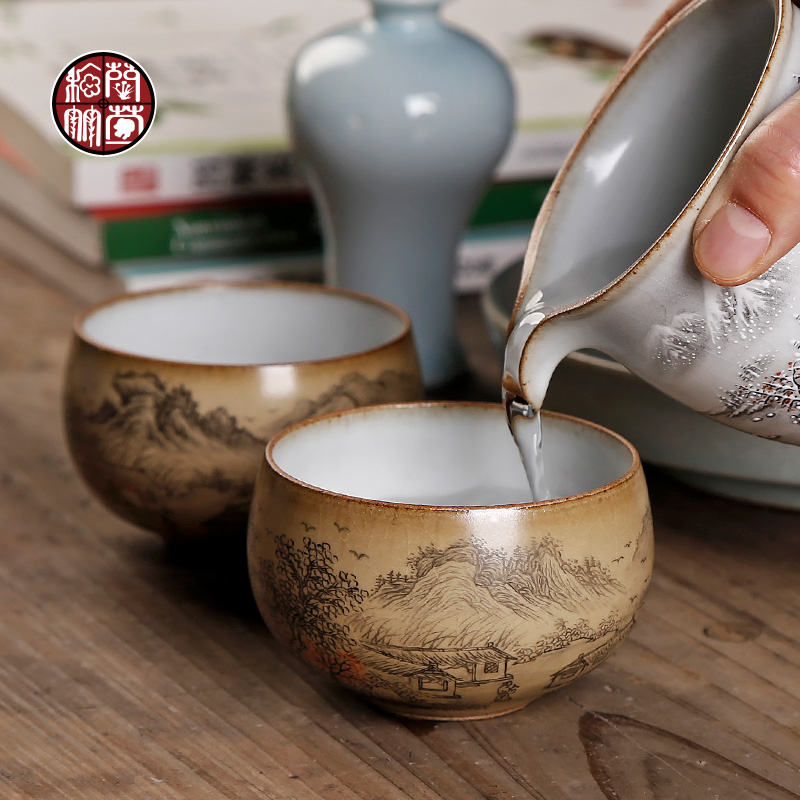 Your up yellow glaze master cup single cup pure manual hand - made scenery lohan cup large single kunfu tea cups ceramics