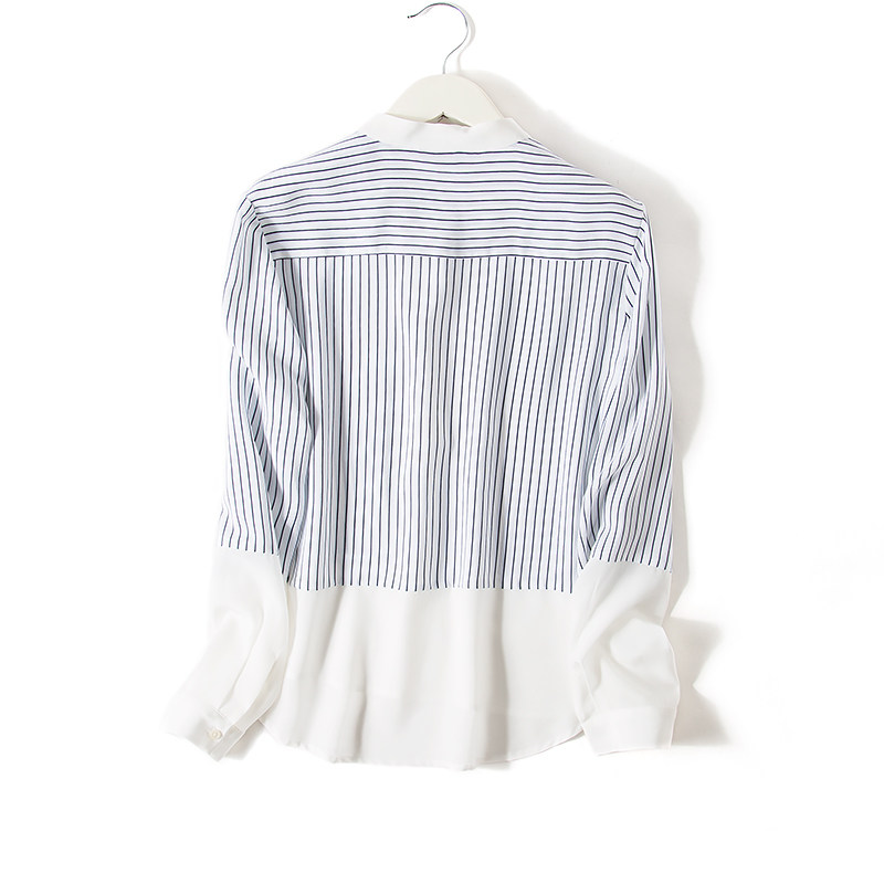 春秋装新款真丝衬衫口袋小立领条纹小心机衬衣拼色通勤休闲上衣女详情33