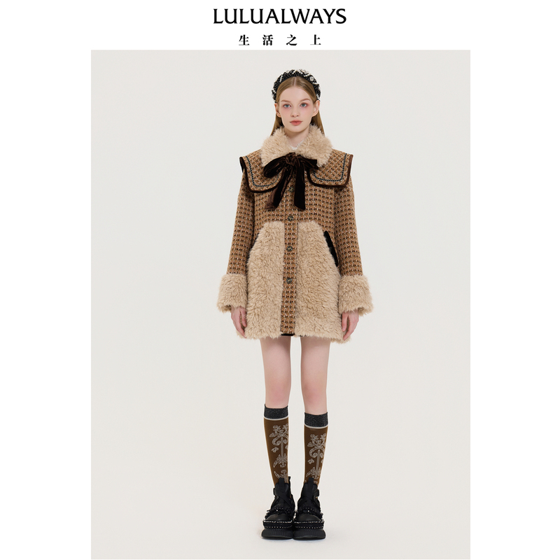 Lulualways I Love Lulu 25 Winter New Collection Sweet and Elegant Patchwork Plush Bow Coat Long Jacket