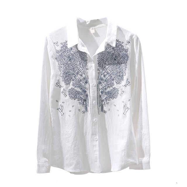 2023 autumn new Korean version of embroidered cotton shirt close body slim temperament OL cardigan shirt bottoming top women