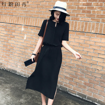 2022 Summer Dress New Fashion Casual Short Sleeve Open Fork Dress Dress Woman Dress Pure Color Cashew Slim Mid-Length Dresses