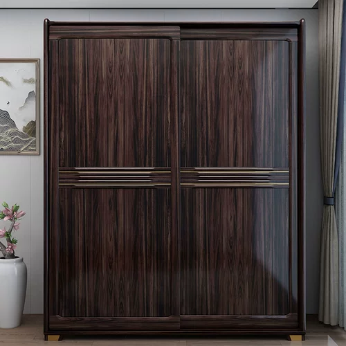 Новый китайский в стиле сплошной лесной шкаф, раздвижной двухдверный гардероб современный простой домашний шкаф для спальни, гардероб черного золота
