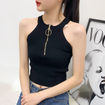 Knitted vest female 2021 New slim body neck ring zipper short Dewel belly button outside wear sleeveless top