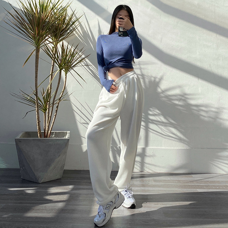 South Korea's 2022 summer new white sports pants women's loose beam feet thin straight wide pants casual thick cotton pants