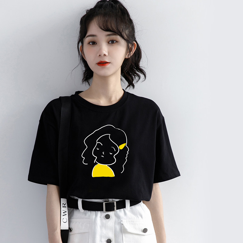 South Korea's 2022 summer new head print black short-sleeved T-shirt women's loose round neck basic t-shirt top