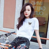 Korea 2021 Summer Star Same Short Sleeve T-shirt Female Puppy Embroidery Cotton ins Loose Round Neck Top