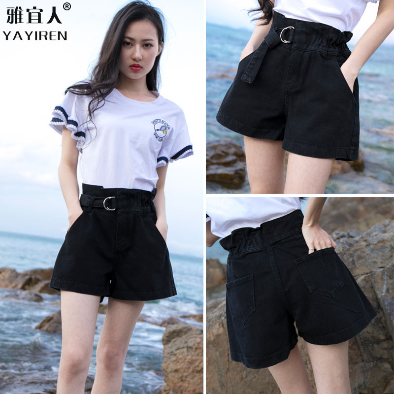 Loose loose black jeans shorts female waist 2019 new Korean version wear loose and thin, broad leg tide in