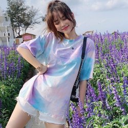 넥타이 염색 된 그라디언트 컬러 여성 여름을위한 느슨한 짧은팔 티셔츠