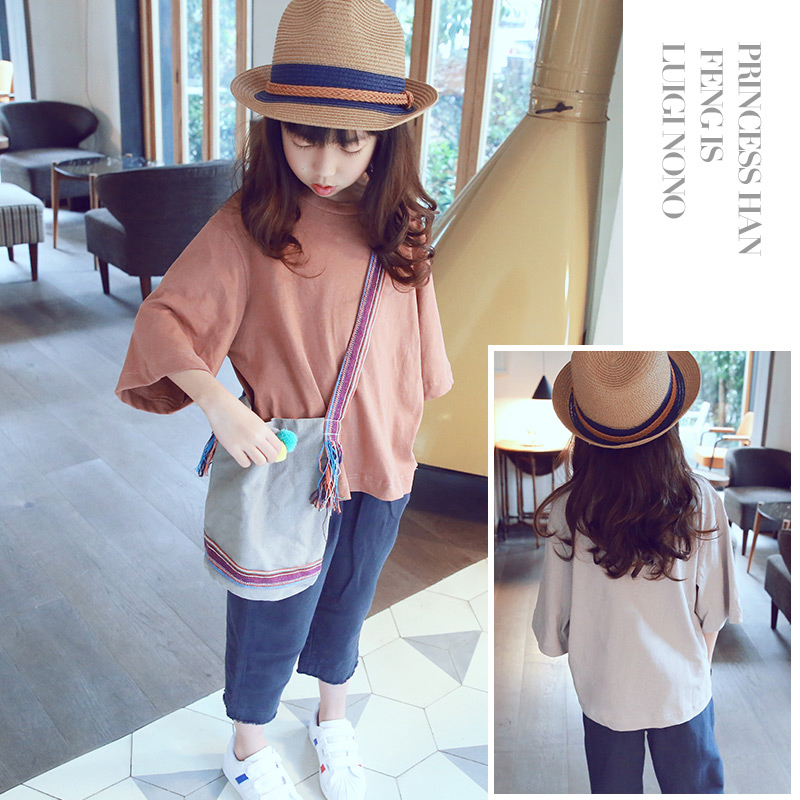 Girls T-shirt short-sleeved solid color middle-sleeve Korean version of the Western style summer dress medium and large children's clothing children's half-sleeve cotton round neck top