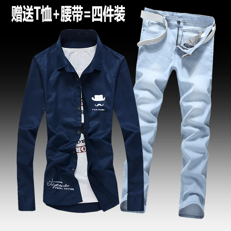 Mùa xuân và mùa thu nam phong cách Hàn Quốc áo sơ mi dài tay quần denim phù hợp với xu hướng slim-fit inch áo sơ mi lót quần áo giản dị - Áo