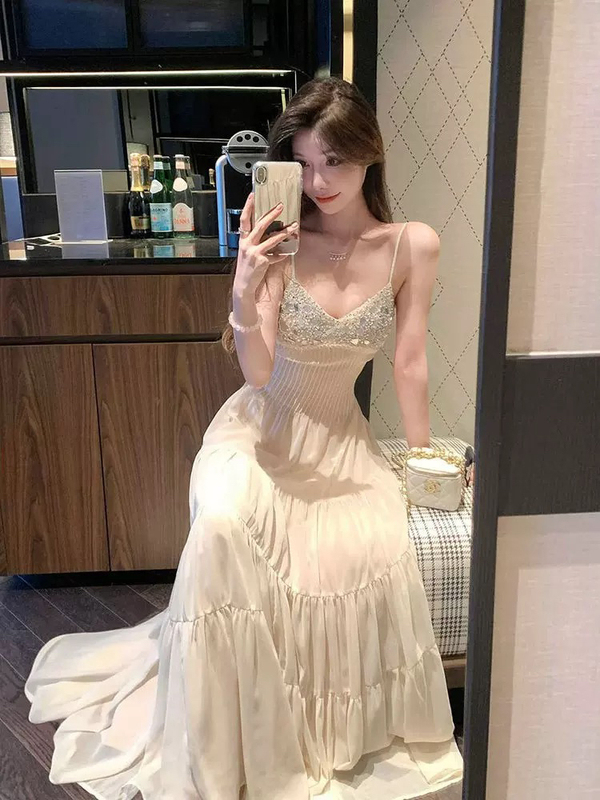 2025 New Summer Style Korean Fashion Elegant Versatile Slimming Look Heavy Industry Sequin Fashion Suspender Dress Women's Trend
