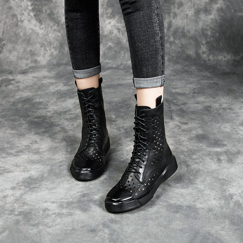 Leather Hollow Boots Women's Summer Short Boots Martin Boots Summer Thin Women's Mid Waist Mesh Mesh Boots Eye Summer Cool Boots