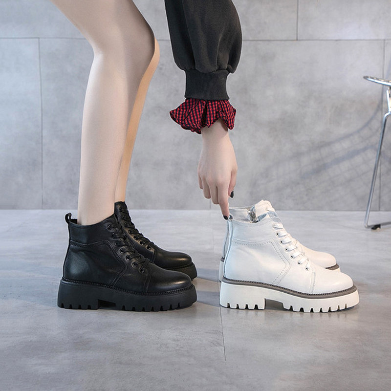 Full leather leather ankle boots women's thick-soled boots spring and autumn ankle boots show feet small low-top Martin boots soft leather women's boots