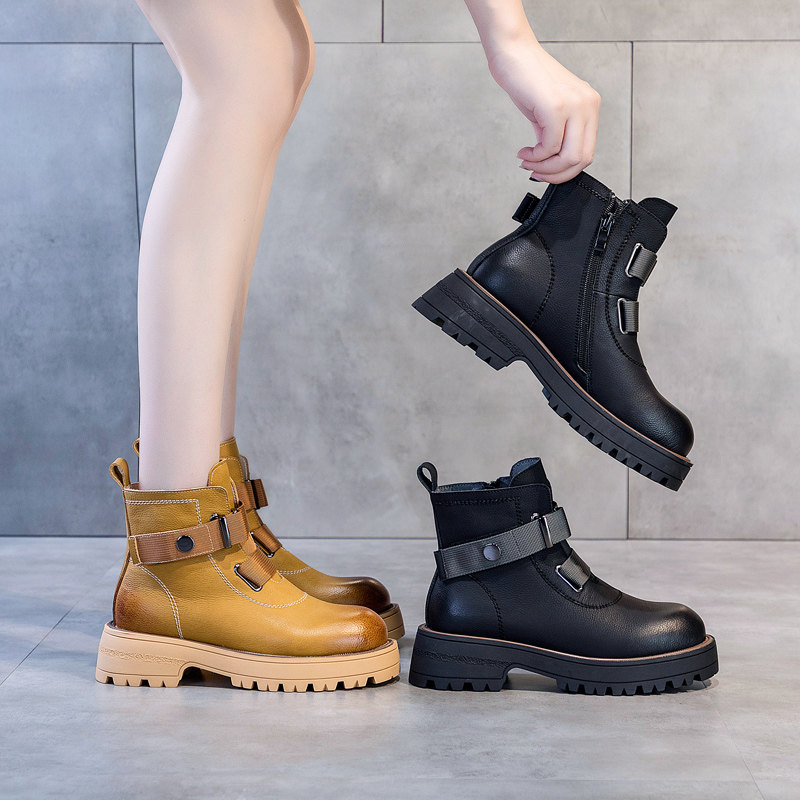 Leather yellow Martin boots women's autumn top layer cowhide 2022 new soft leather rhubarb boots short boots autumn women's boots