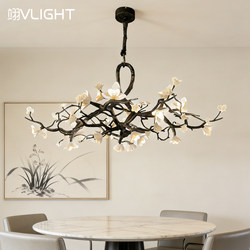 Light Luxury Living Room Chandelier, All-Copper Branch Ceramic Magnolia Flower Art, Wabi-Sabi Style, New Chinese Style Chandelier, Dining Room Tea Room Lamp