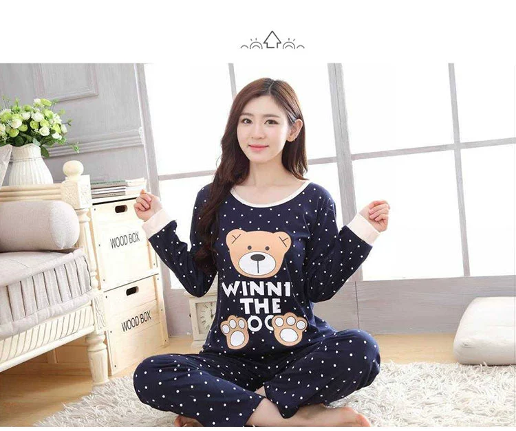 Bộ đồ ngủ nữ mùa xuân và mùa thu mỏng phần cotton dài tay phù hợp với phiên bản Hàn Quốc ngọt ngào và dễ thương có thể mặc ngoài hè phục vụ mùa thu bộ đồ nhung thu đông