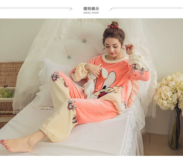 Flannel pyjama mùa đông dày nhung dài tay san hô phiên bản Hàn Quốc của bộ phim hoạt hình kích thước lớn dễ thương phục vụ nhà sinh viên