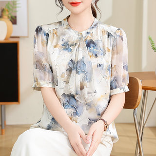 真丝衬衫女高端2025新款夏短袖印花气质妈妈别致漂亮桑蚕丝小衫