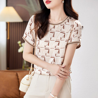 大牌高级感真丝桑蚕丝t恤短袖上衣圆领洋气印花气质漂亮小衫女夏