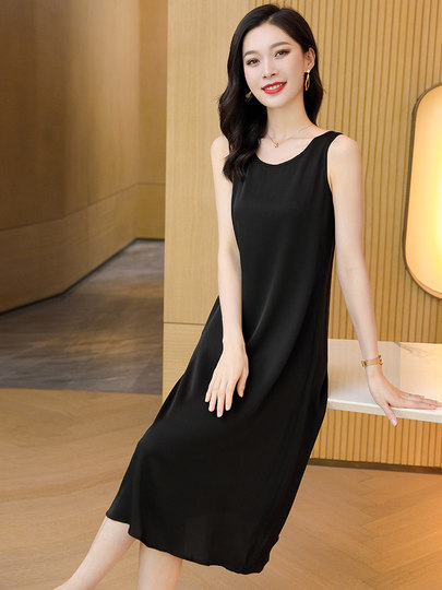 杭州大牌重磅真丝连衣裙遮肉显瘦高档桑蚕丝法式气质背心裙夏季女