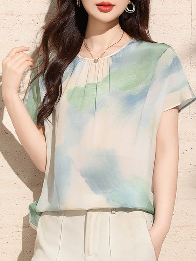 2025 Sommer neuer Stil Maulbeerseidenoberteile Damen Kurzarm-Seidenhemden modische und vielseitige Schlankheits- und Temperament-bedruckte Hemden