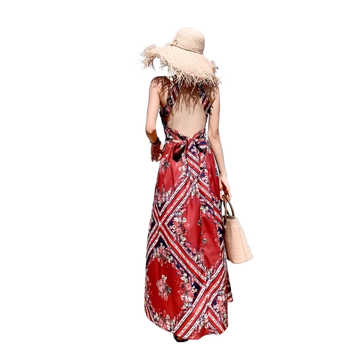 Ретро шифоновое сексуальное пляжное платье, длинная юбка, с открытой спиной