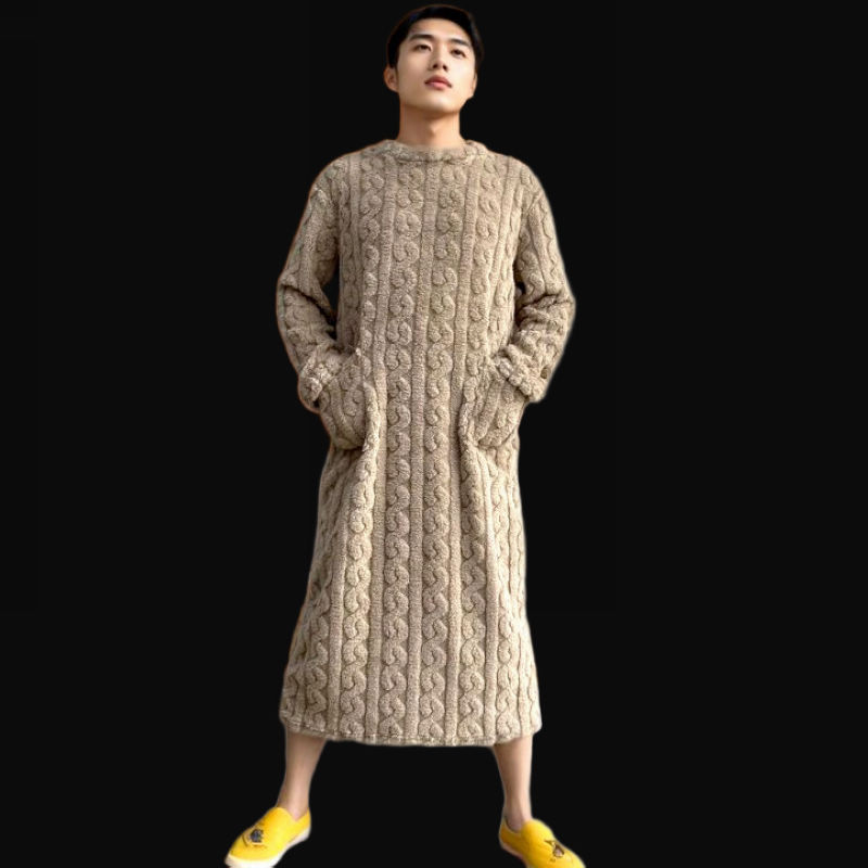 Winter Warm Men's Coral Velvet Jacquard Extra Long Over-The-Knee Bathrobe Long-Sleeved Pullover Nightgown Home Wear Pajamas