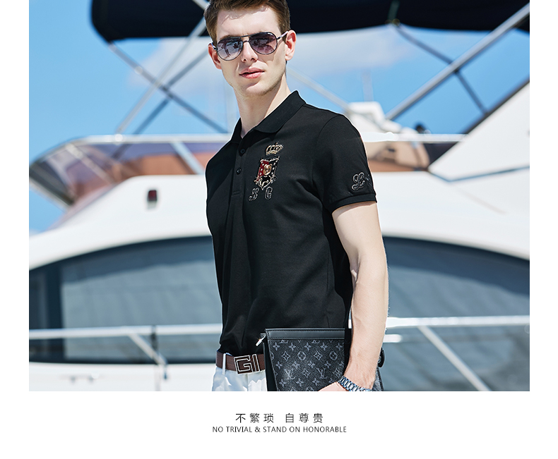 Suy nghĩ thẻ Châu Âu và Mỹ đơn giản màu đen ngắn tay polo áo sơ mi nam thời trang ve áo ngắn tay T-Shirt bông hạt lưới