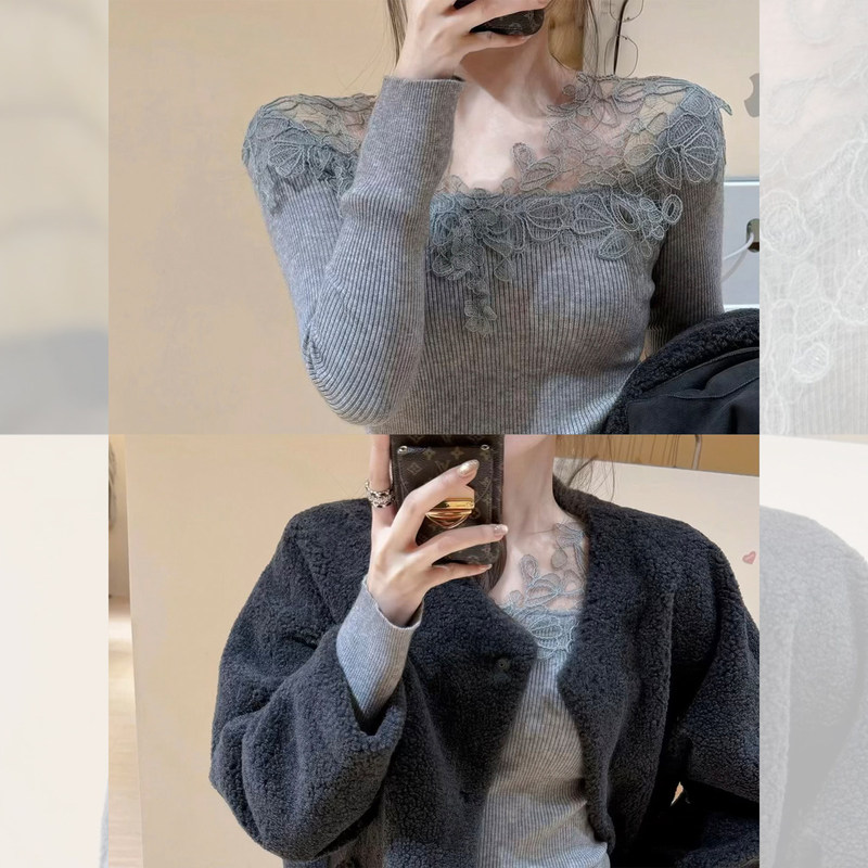 Gray Lace Patchwork Crochet Design Slim-Fit Waist-Cinching Long-Sleeve T-Shirt for Layering, Women's Autumn Top Gray Lace Patchwork Crochet Design Slim-Fit Waist-Cinching Long-Sleeve T-Shirt for Layering, Women's Autumn Top
