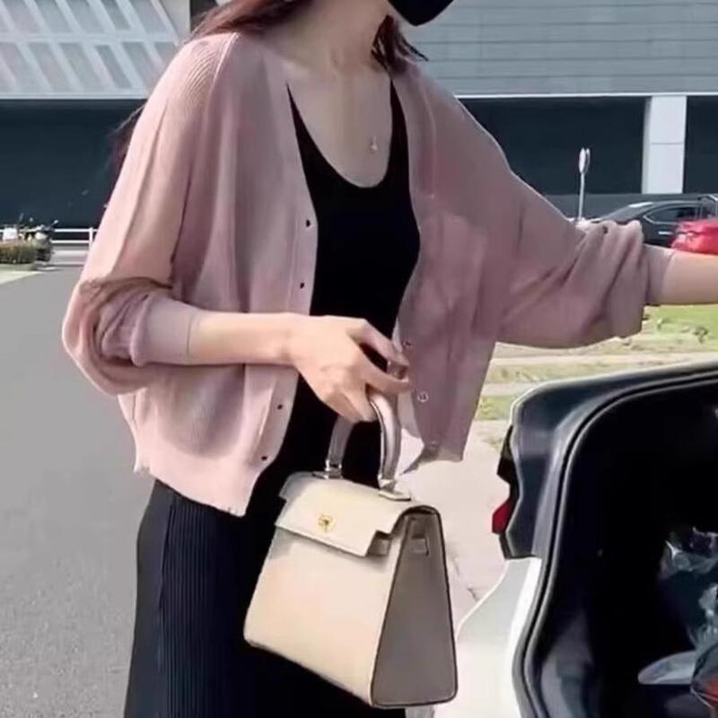 Knitted Cardigan Jacket for Women 2026 New Style Outerwear Shawl Paired with Slip Dress Top Ice Silk Thin Fashion Blouse Knitted Cardigan Jacket for Women 2026 New Style Outerwear Shawl Paired with Slip Dress Top Ice Silk Thin Fashion Blouse