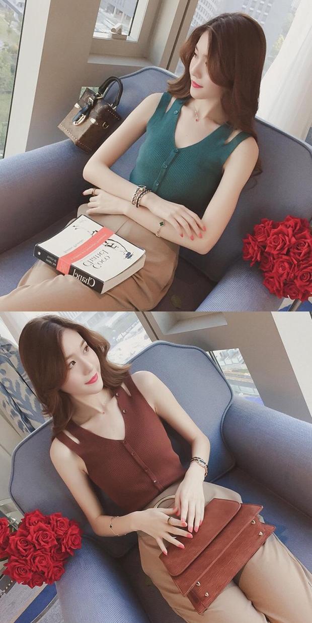 Mặc áo yếm dệt kim có dây đeo vai nữ 2018 hè mới áo sơ mi cổ chữ V nút thắt nút có áo không tay thoi trang nu