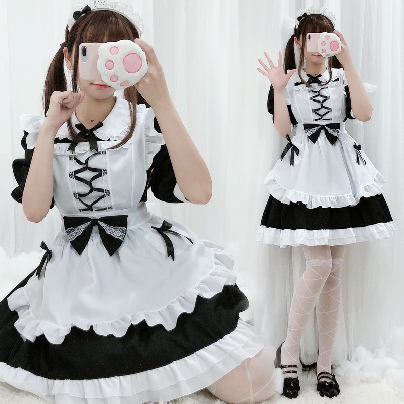 Japanese black and white soft girl maid outfit lolita full set of dress maid outfit cute loli cafe dress