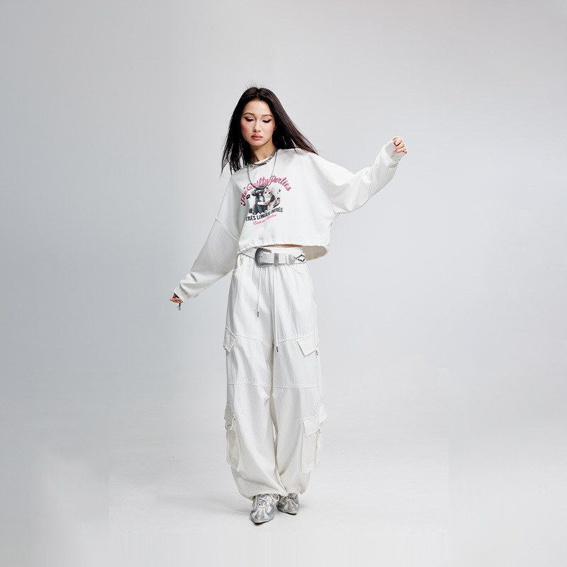 Trendy Brand Sweet Cool Multi-Pocket Cargo Pants for Women, American-Style Loose White Casual Pants, Petite Wide-Leg Long Pants