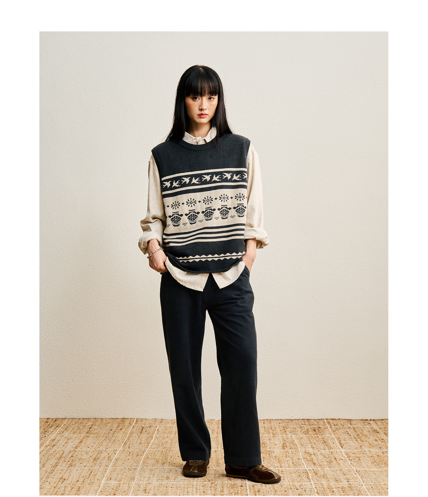 CENLES Cotton-Linen Loose Straight-Leg Trousers