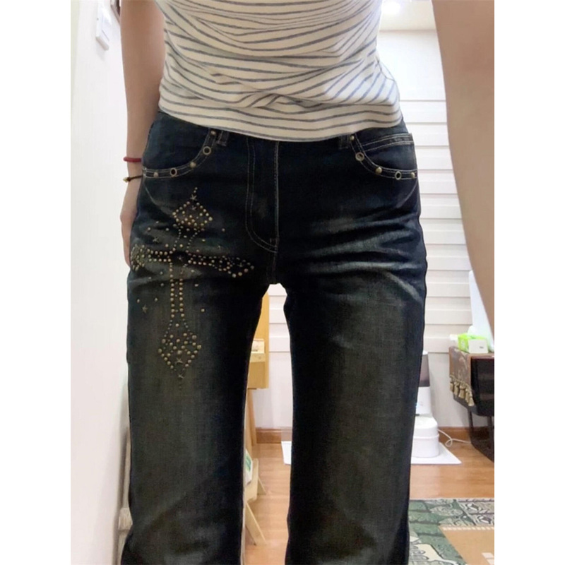 American Street Style Retro Washed Cross-Stitched Rhinestone Flared Jeans for Women, Spring Slim-Fit Long Pants Trendy